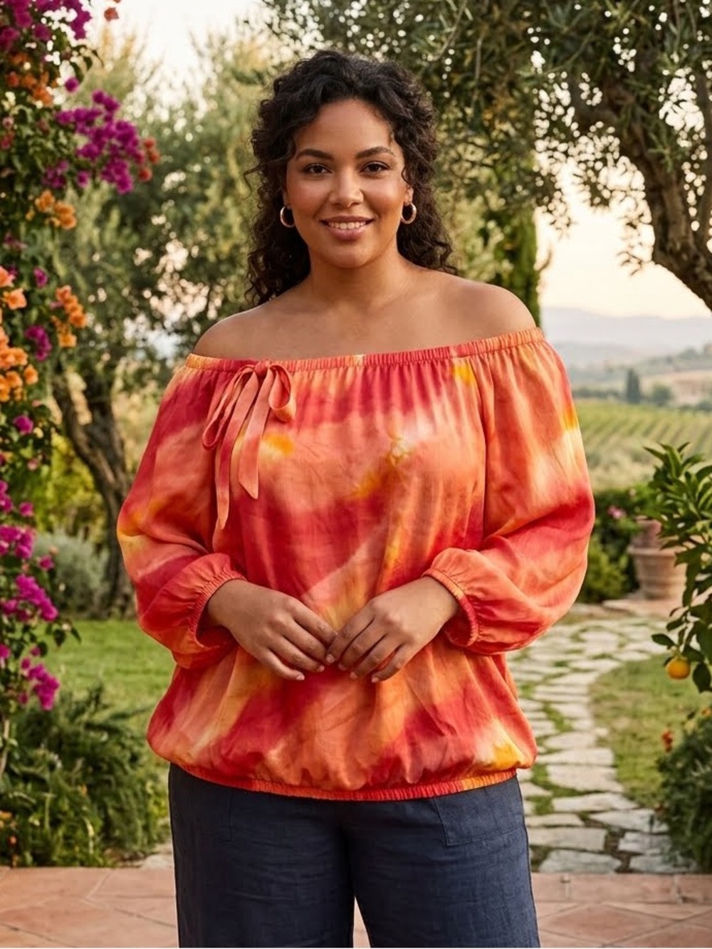 Ashley Stewart Off-Shoulder Tie-Detail Blouse in Sunset Tie-Dye Size 18